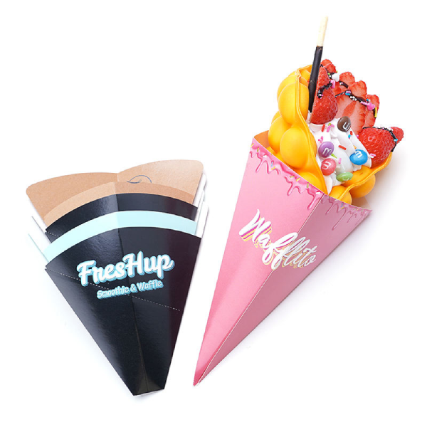 Custom Food Grade Street Snack Egg Waffle Holder Paper Packaging Crepe Cone Chip Egg Bubble Waffle Packaging Food Container Box