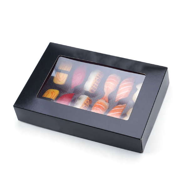 Eco Friendly Customized Printed Black Packaging Carton For Fresh Sushi Lunch Food Foldable Take Away Paper Box with Window